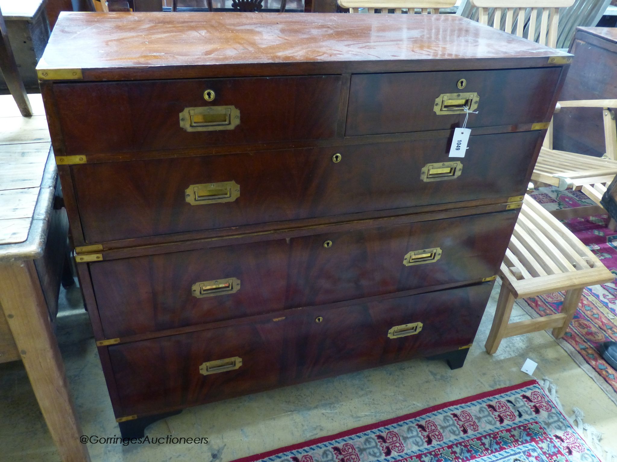 A Victorian style mahogany two part military chest, width 108cm depth 47cm height 100cm